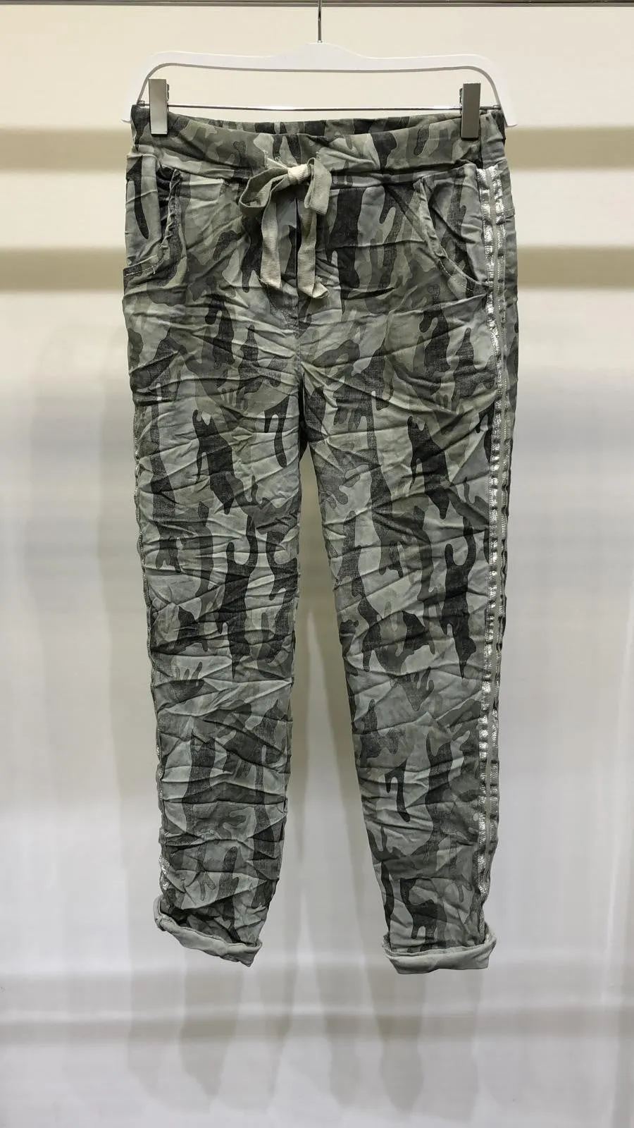 Camouflage Lurex Side Stripe Crinkle Jogger