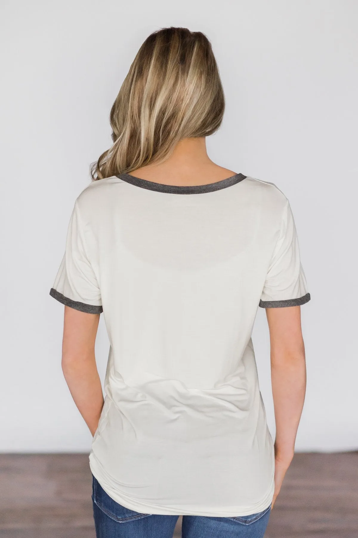 Charcoal Trimmed - White V-Neck Pocket Top