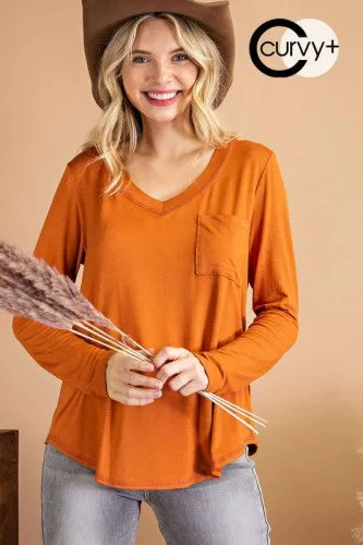 Copper V Neck L/S Contrast Stitch Pocket