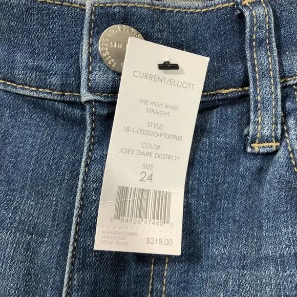Current/Elliott High Rise Straight Leg Ripped Ankle Crop Jeans Size 24 Designer