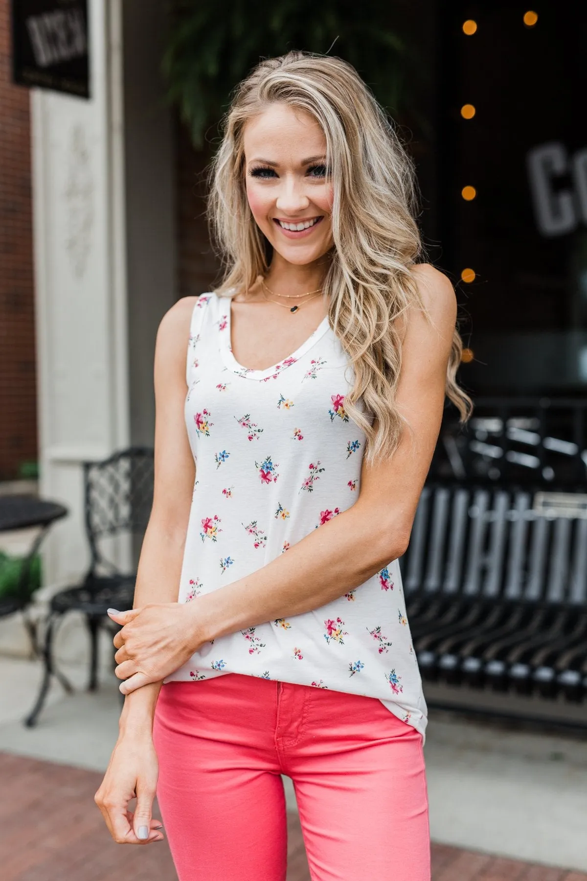 Darling Floral V-Neck Tank Top- Ivory