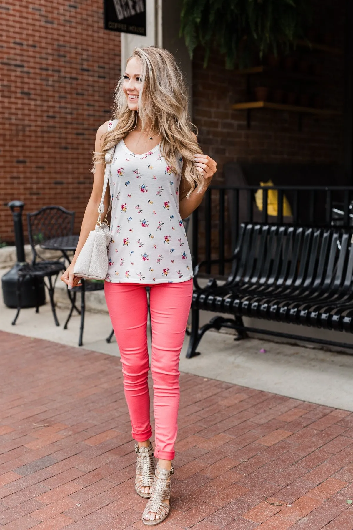 Darling Floral V-Neck Tank Top- Ivory