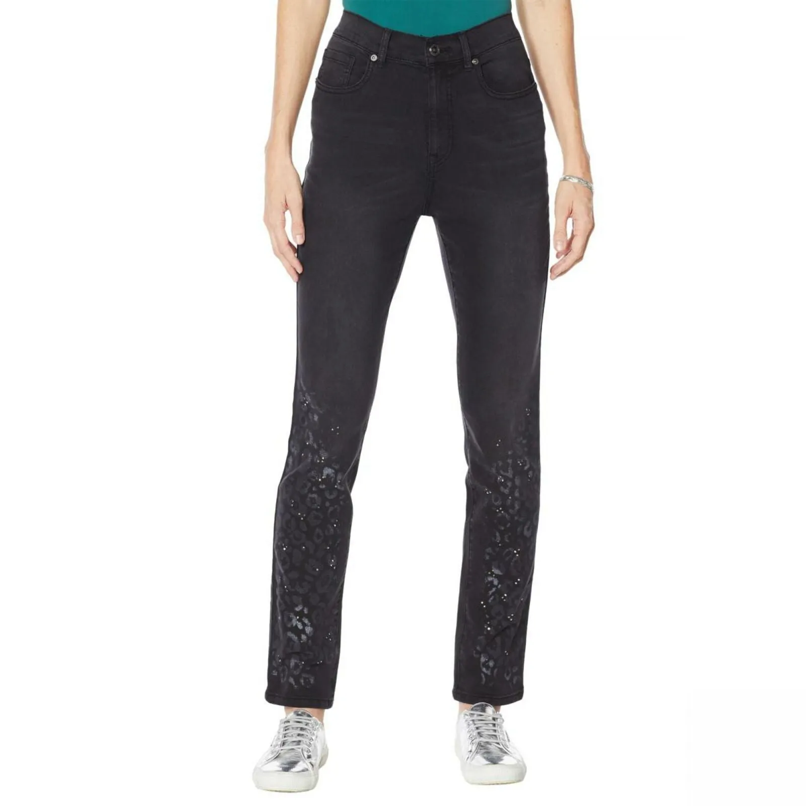 DG2 by Diane Gilman Stretch Artwork Slim Leg Jeans Black Animal Petite 24W