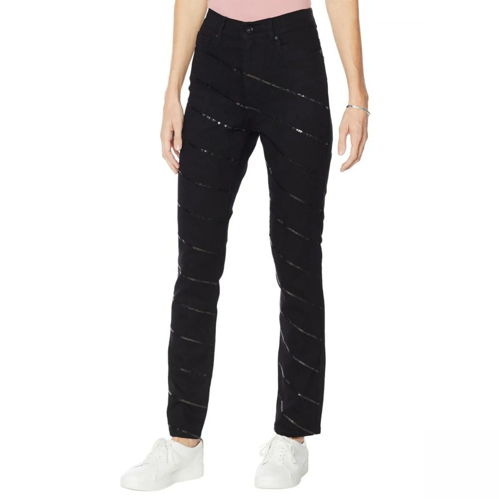 DG2 by Diane Gilman Women's Petite Size Sequin Stripe Skinny Jeans