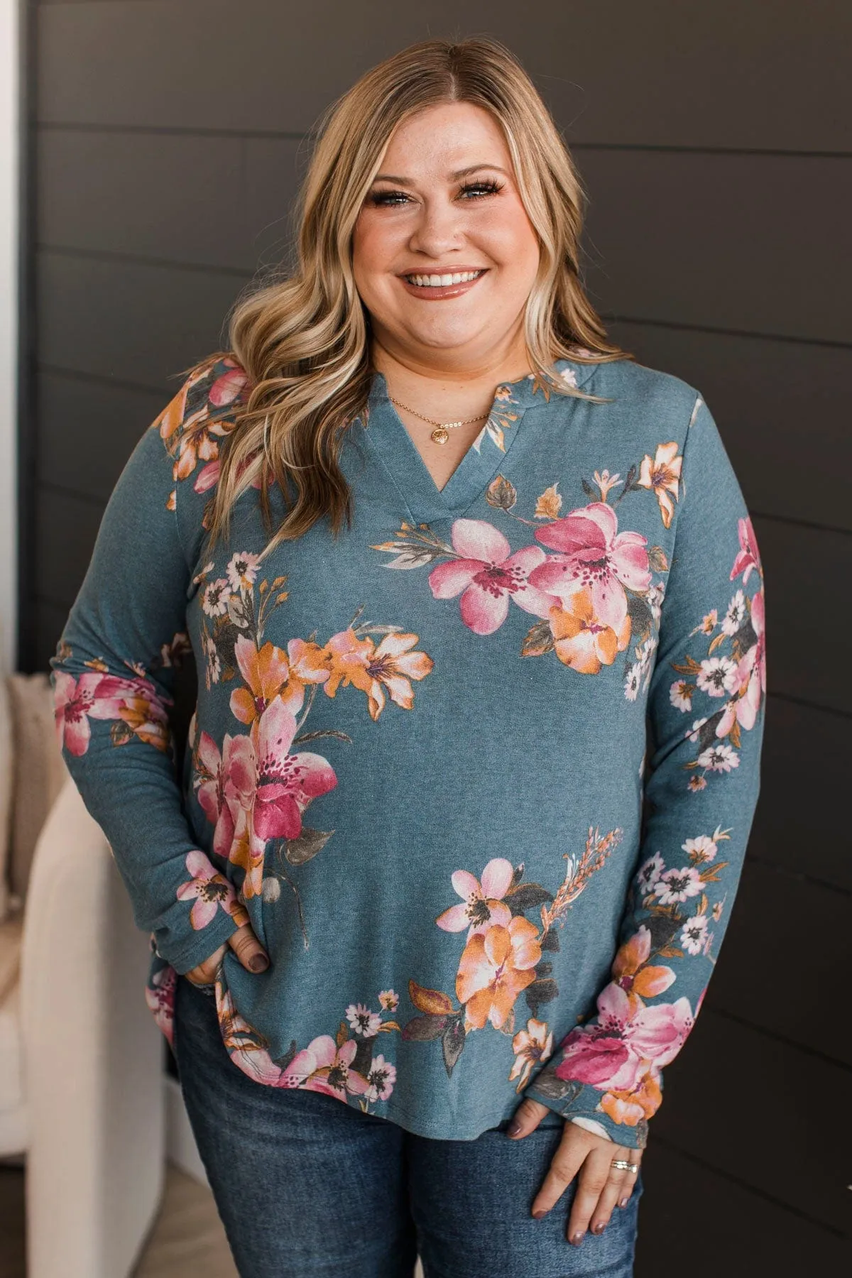 Done Deal Floral V-Neck Top- Dusty Blue & Pink