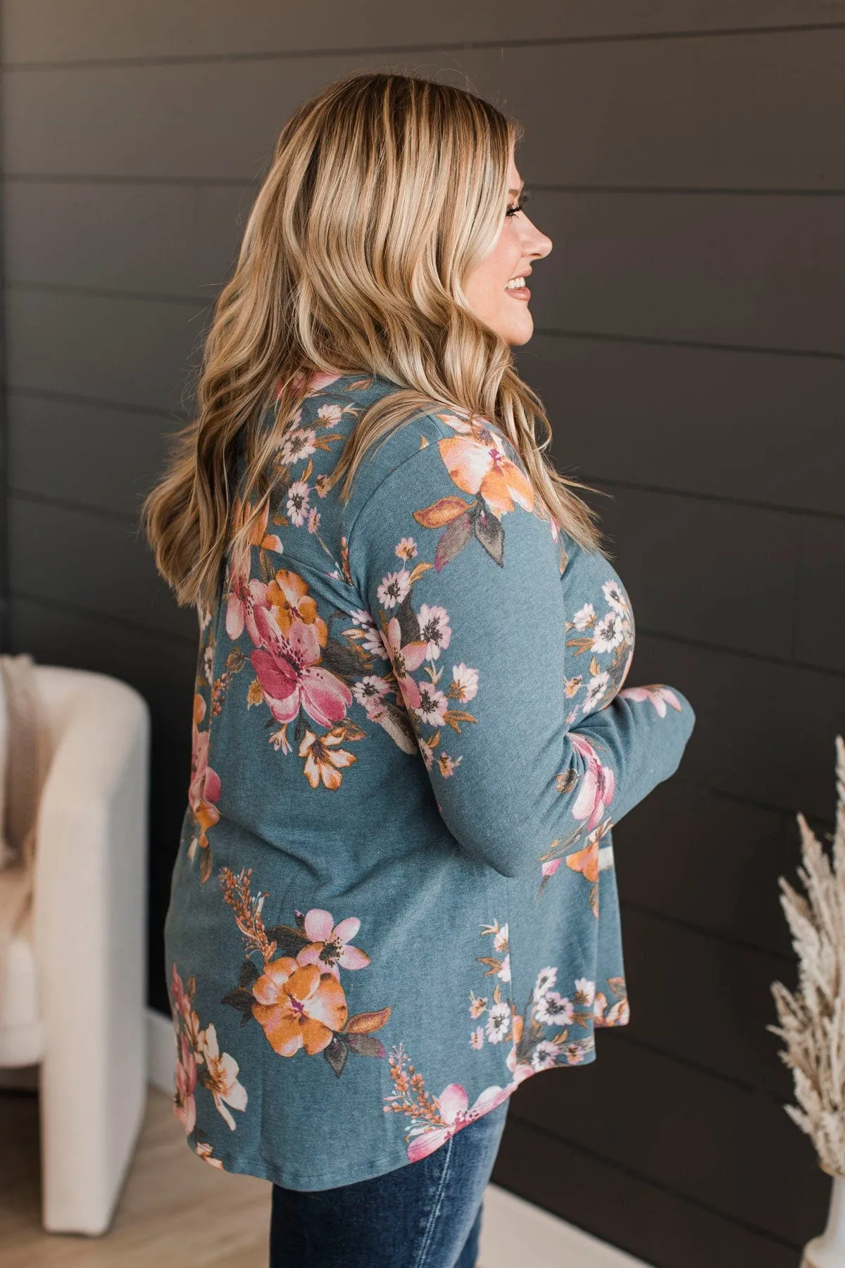 Done Deal Floral V-Neck Top- Dusty Blue & Pink