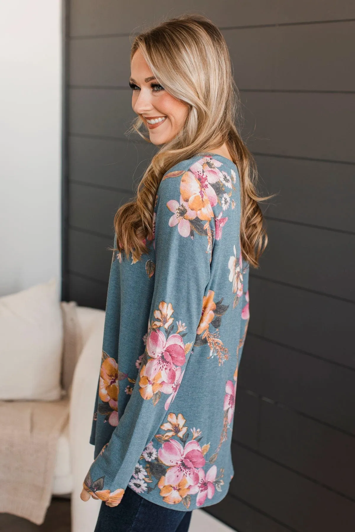 Done Deal Floral V-Neck Top- Dusty Blue & Pink