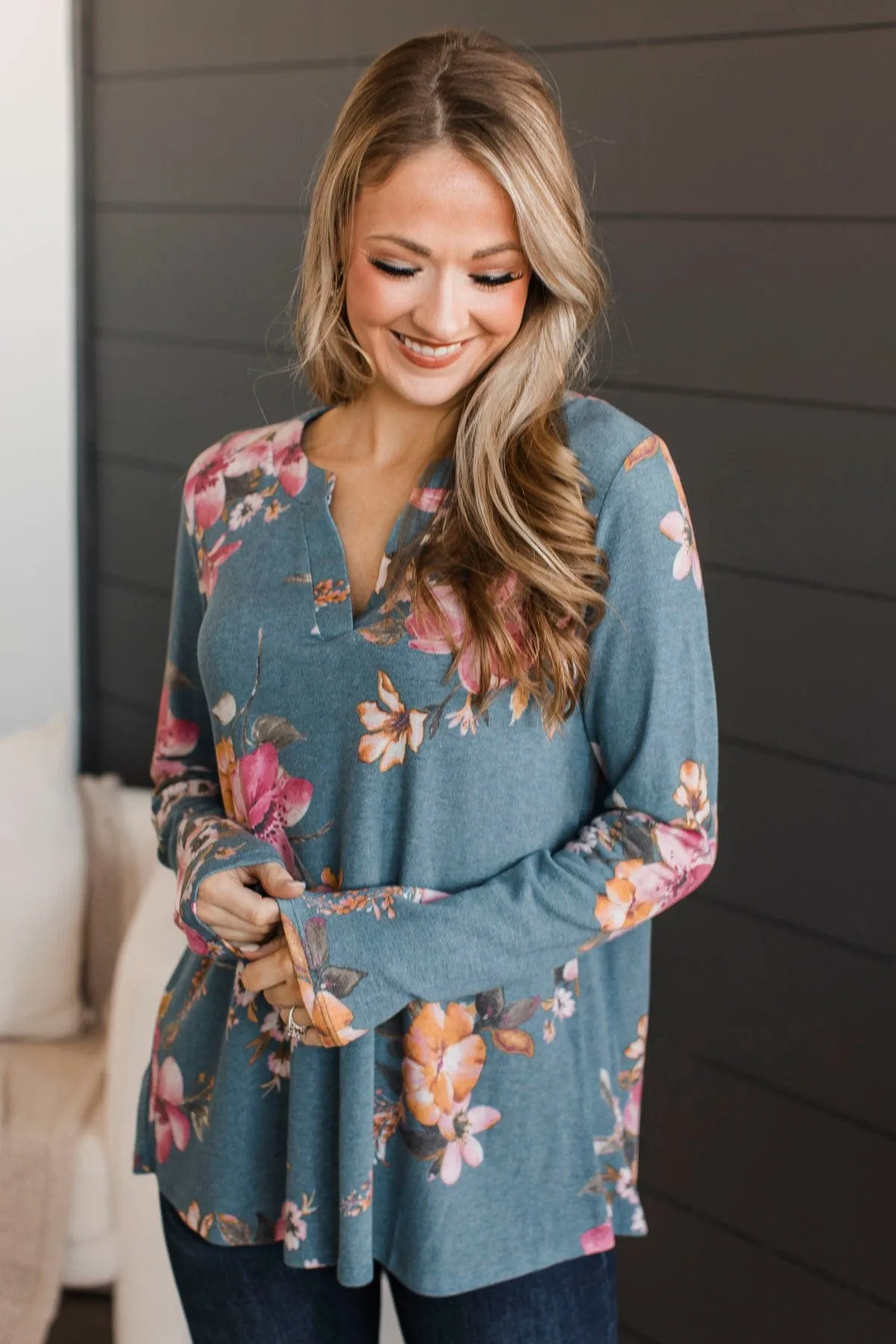 Done Deal Floral V-Neck Top- Dusty Blue & Pink