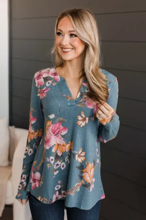 Done Deal Floral V-Neck Top- Dusty Blue & Pink