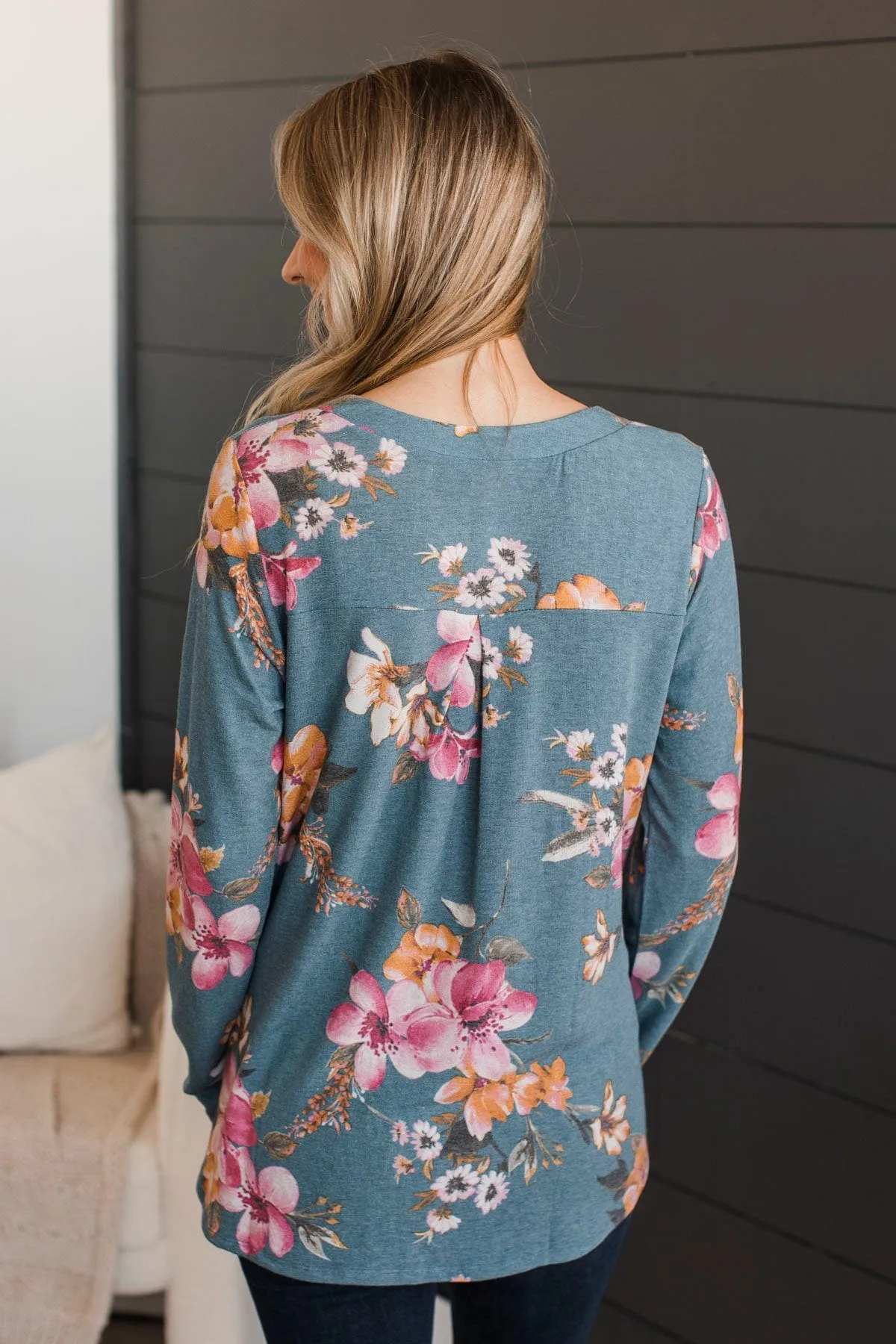 Done Deal Floral V-Neck Top- Dusty Blue & Pink