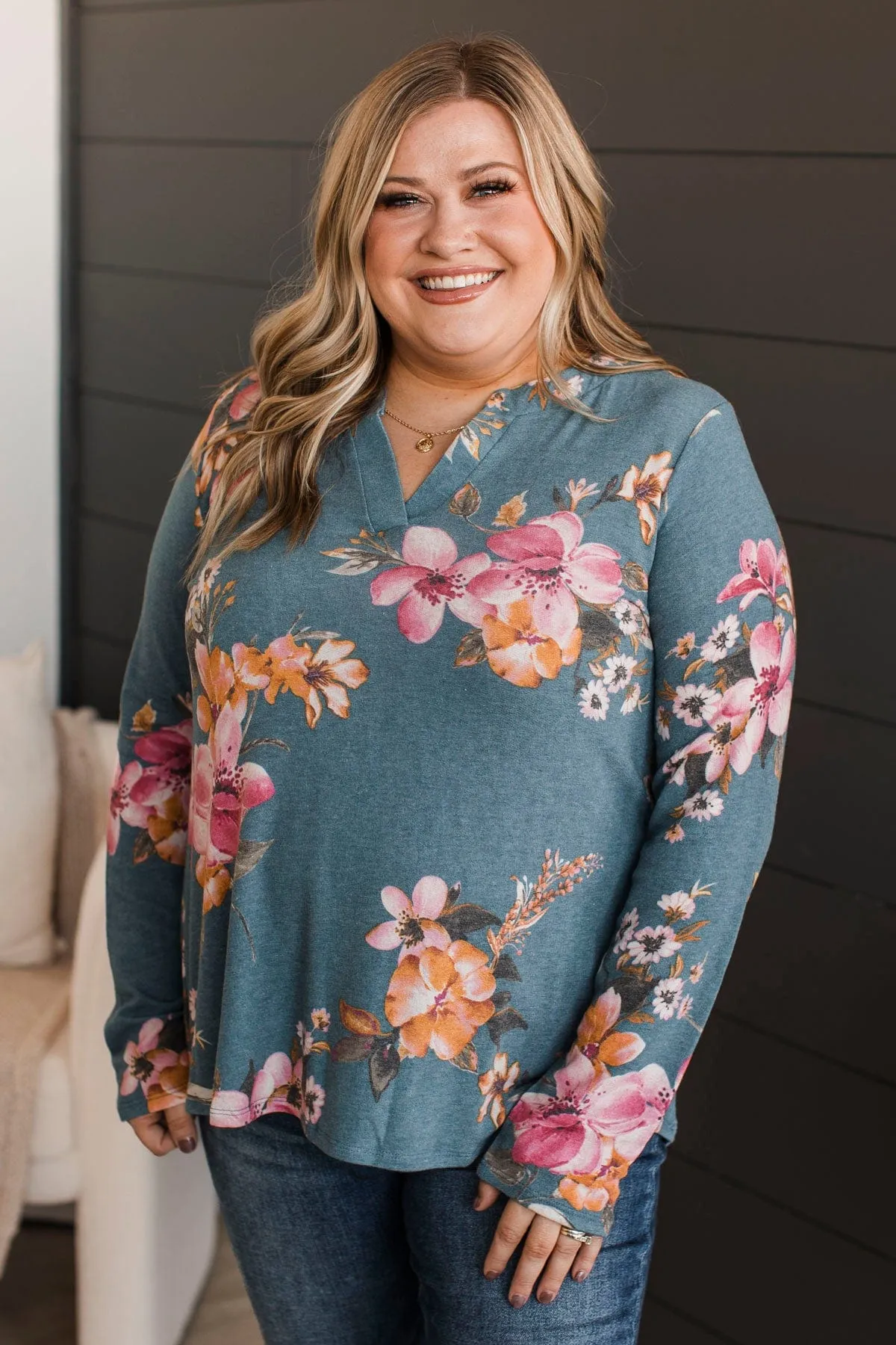 Done Deal Floral V-Neck Top- Dusty Blue & Pink