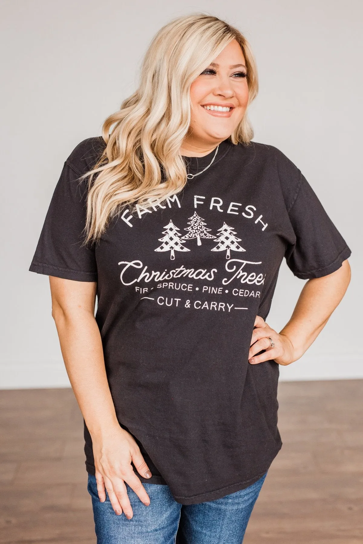 Festive "Farm Fresh Christmas Tree" Graphic Tee- Black