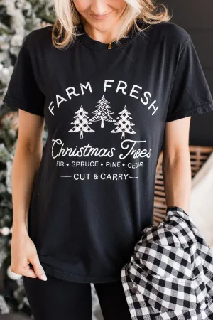 Festive "Farm Fresh Christmas Tree" Graphic Tee- Black