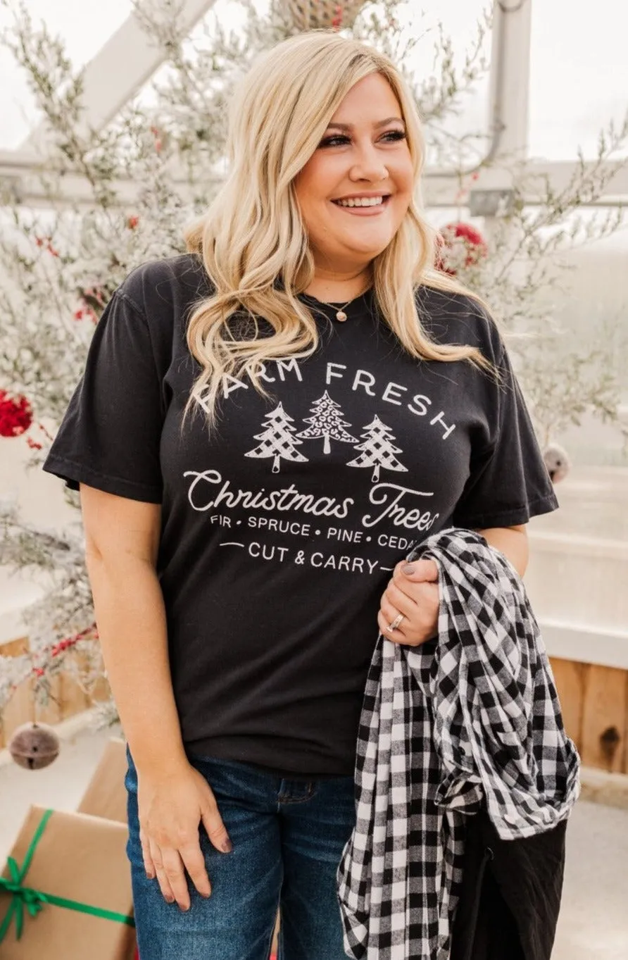 Festive "Farm Fresh Christmas Tree" Graphic Tee- Black