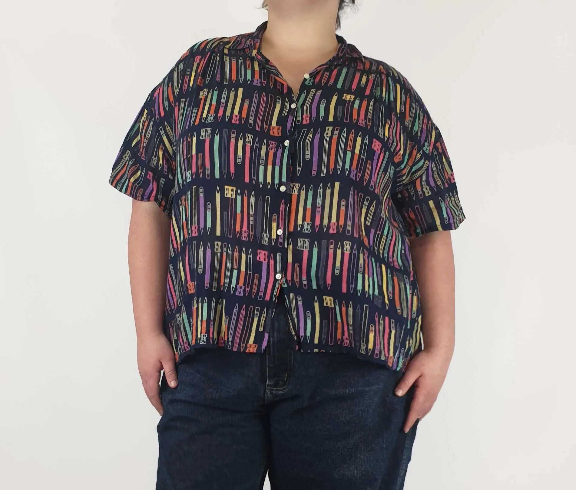 Fillil navy cotton shirt with cute pencil print fits 20-22