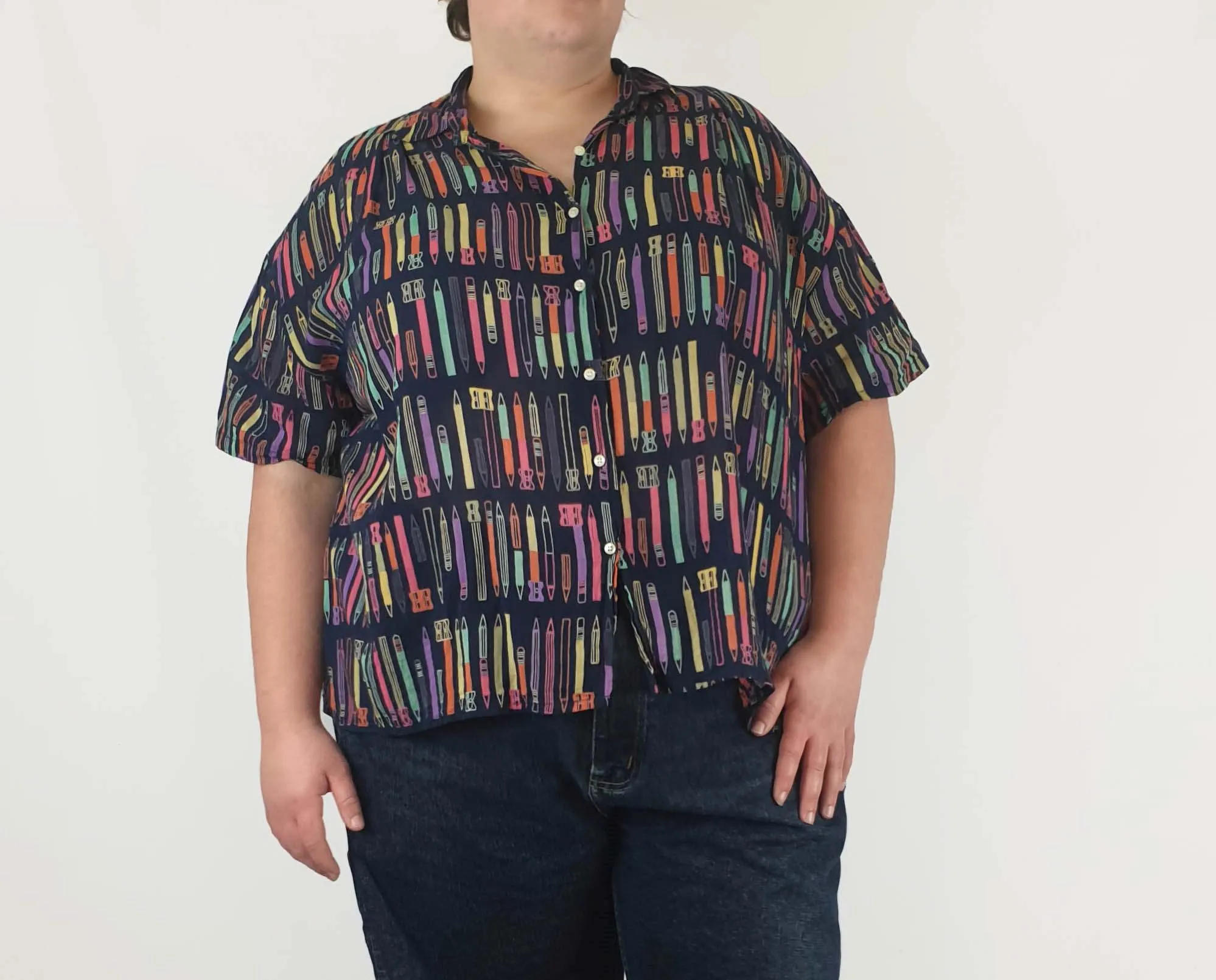 Fillil navy cotton shirt with cute pencil print fits 20-22