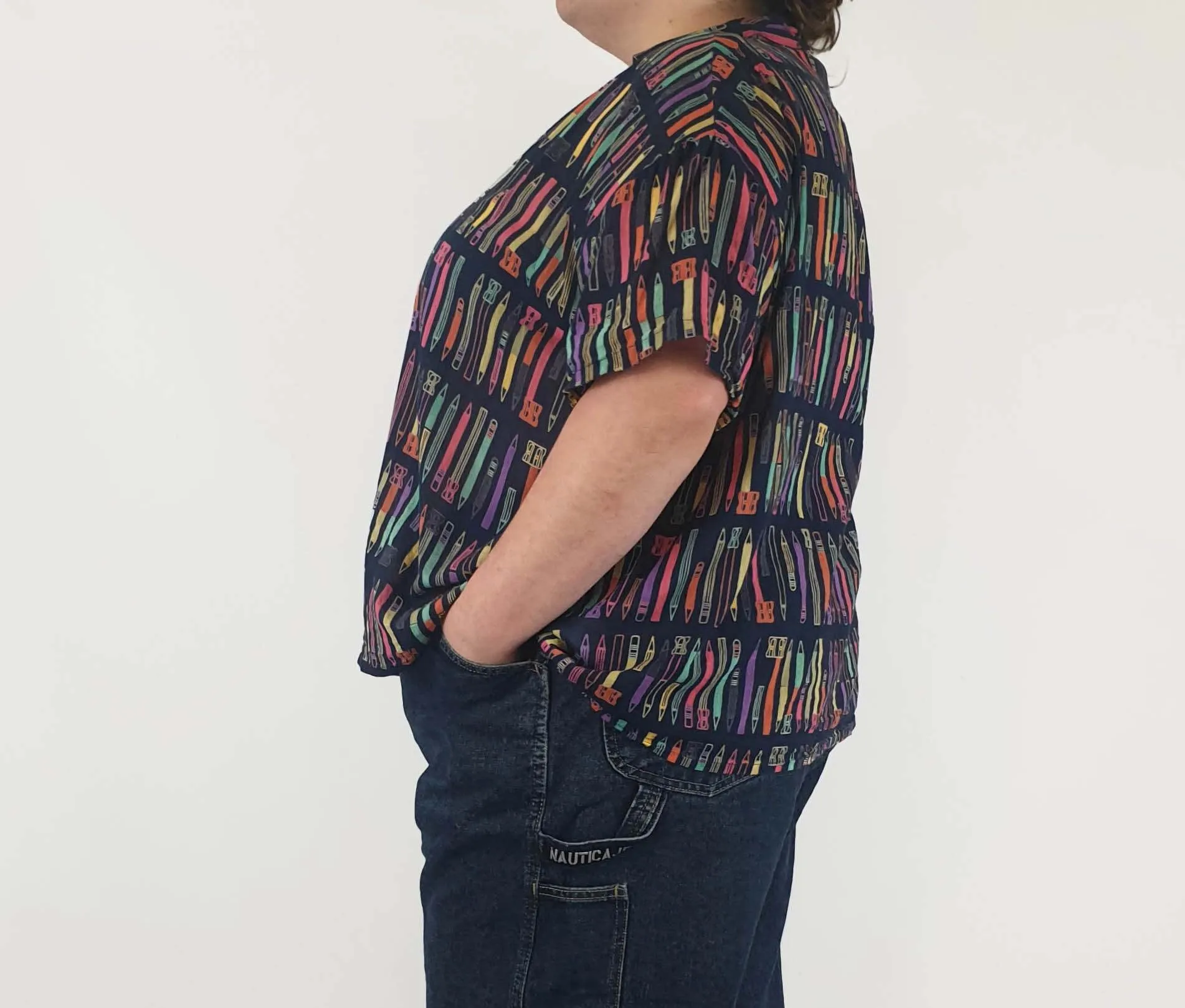 Fillil navy cotton shirt with cute pencil print fits 20-22