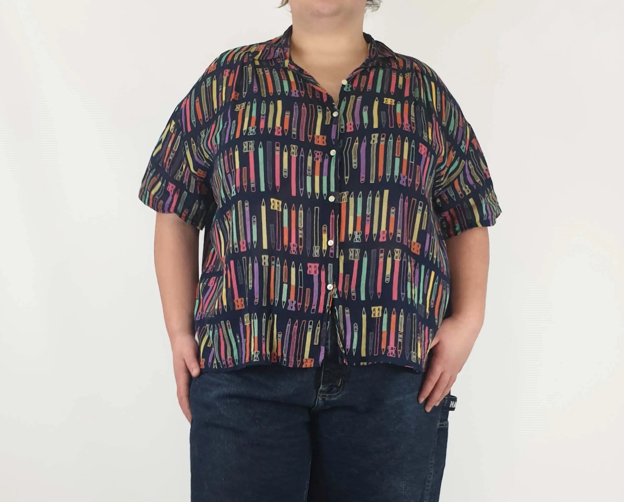 Fillil navy cotton shirt with cute pencil print fits 20-22