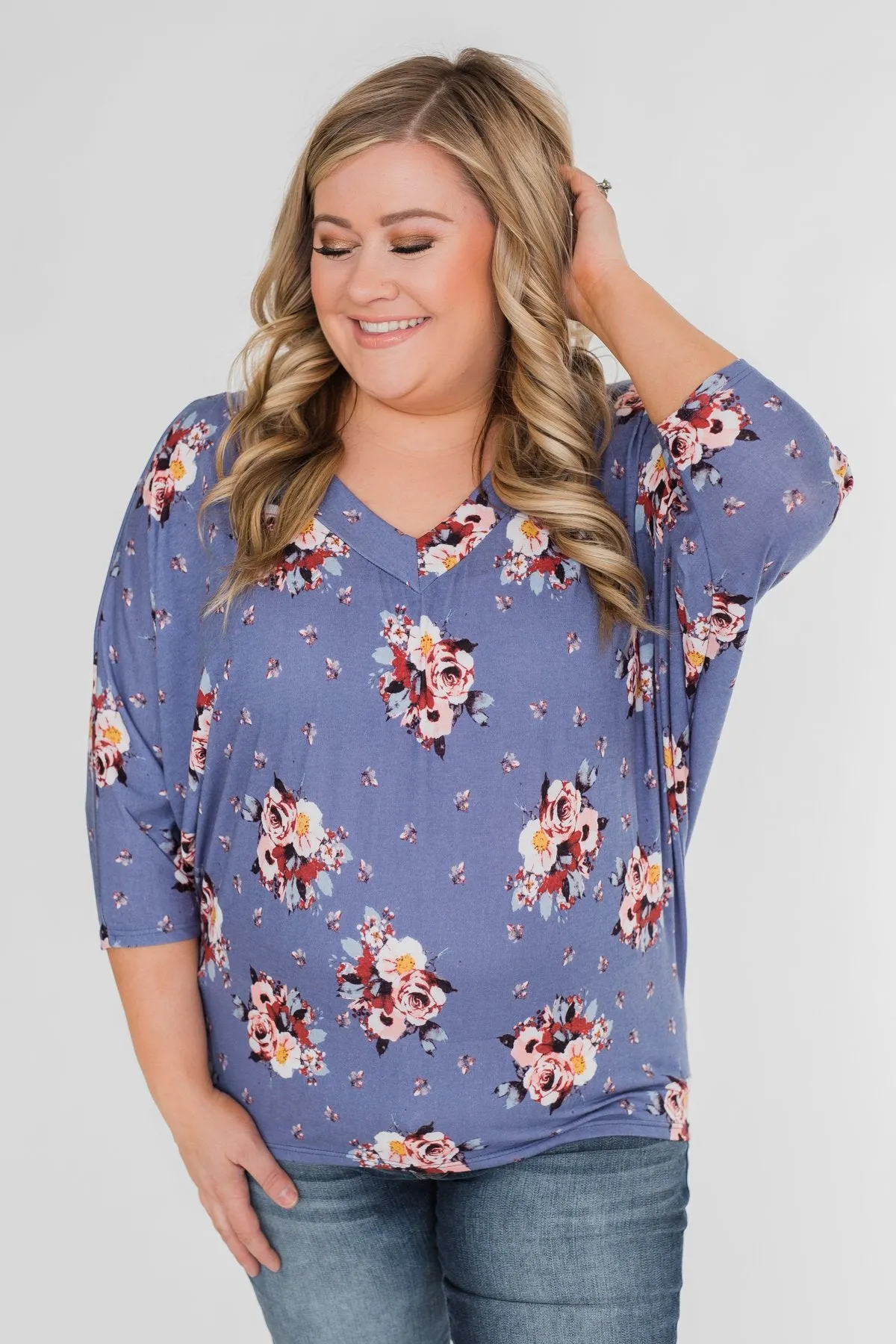 Floral Enchantment Dolman Top- Blue