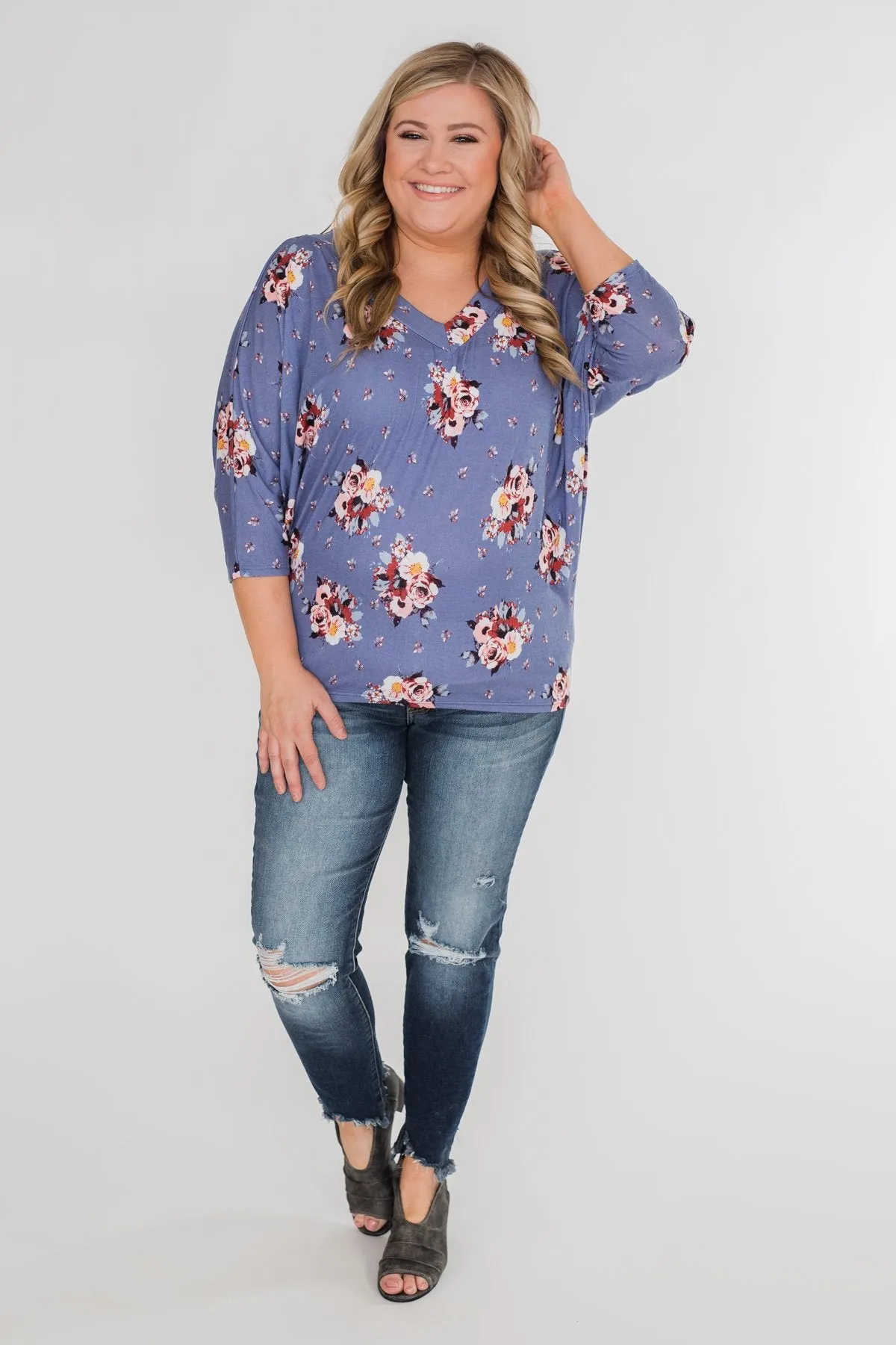 Floral Enchantment Dolman Top- Blue