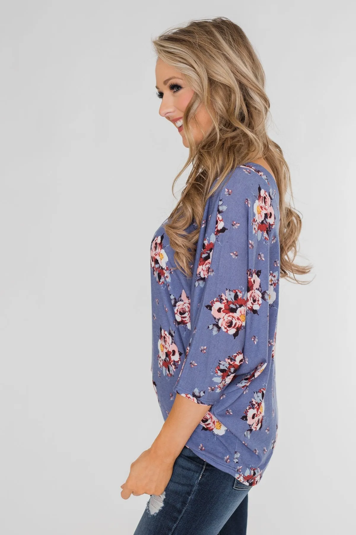 Floral Enchantment Dolman Top- Blue