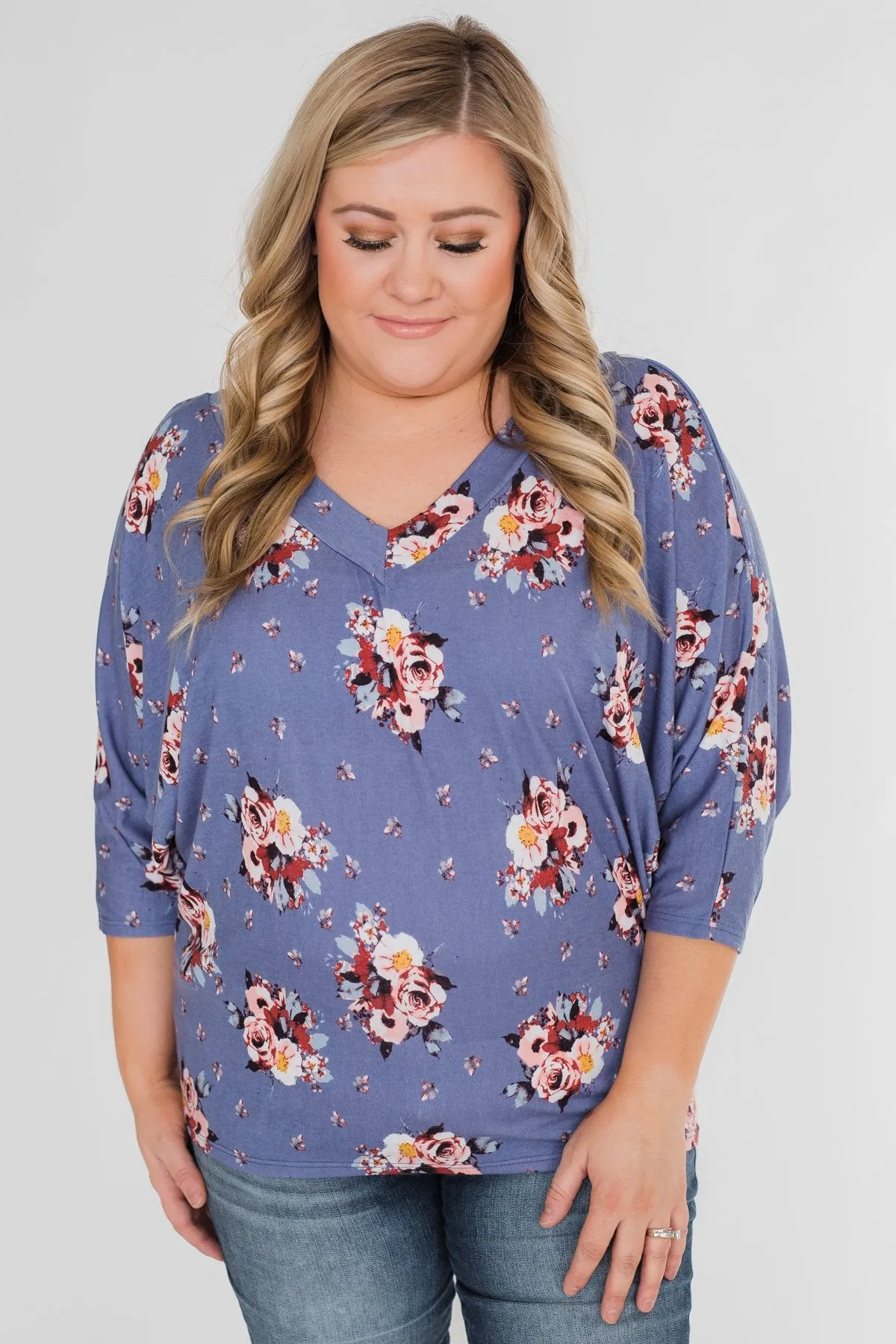 Floral Enchantment Dolman Top- Blue