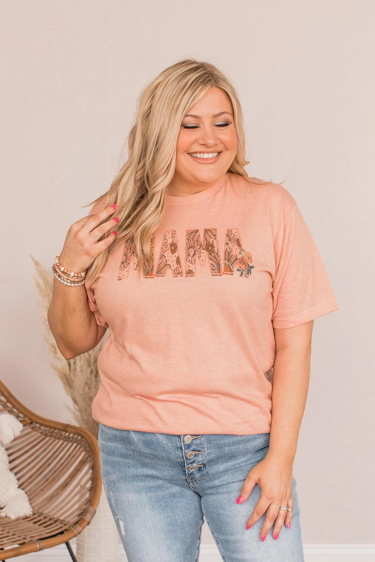 Floral "Mama" Graphic Tee- Peach