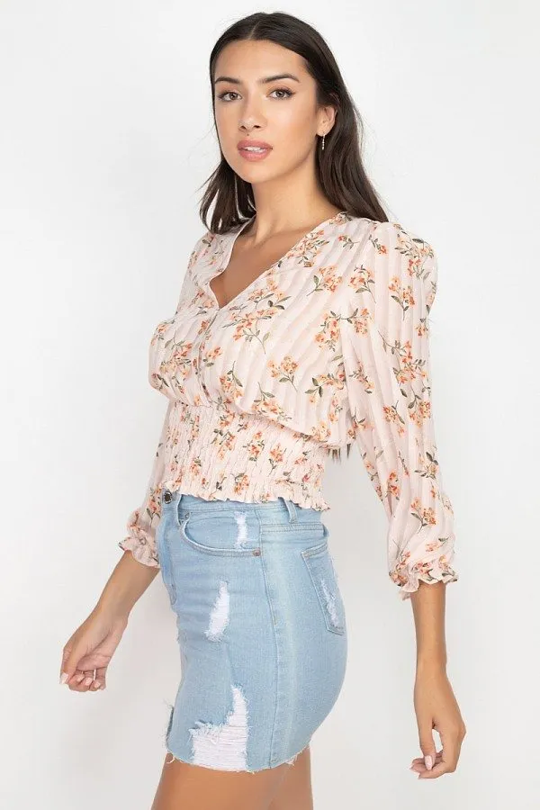 Floral Shadow Stripe V-neck Top