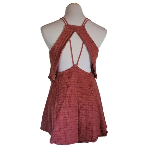 Free People Novelty Orange With Blue Linen Cotton Blend Open Back Mini Dress S