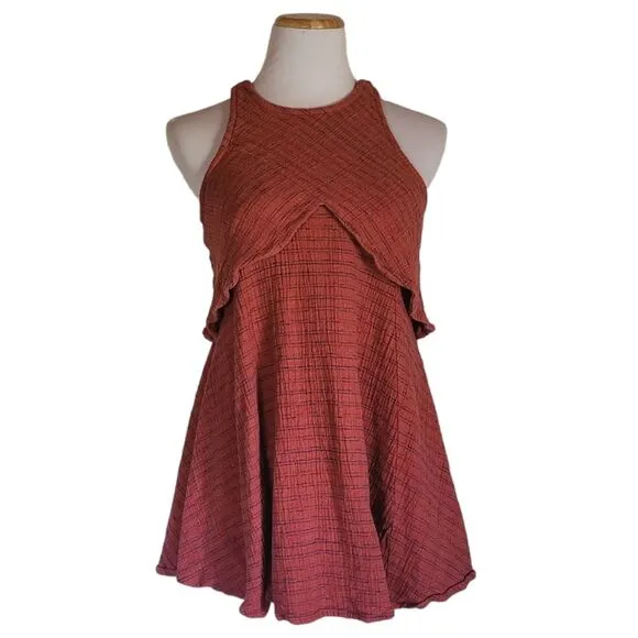 Free People Novelty Orange With Blue Linen Cotton Blend Open Back Mini Dress S
