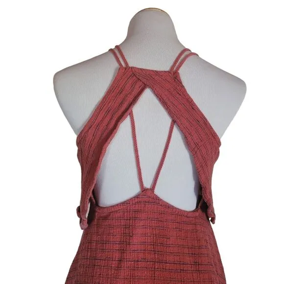 Free People Novelty Orange With Blue Linen Cotton Blend Open Back Mini Dress S