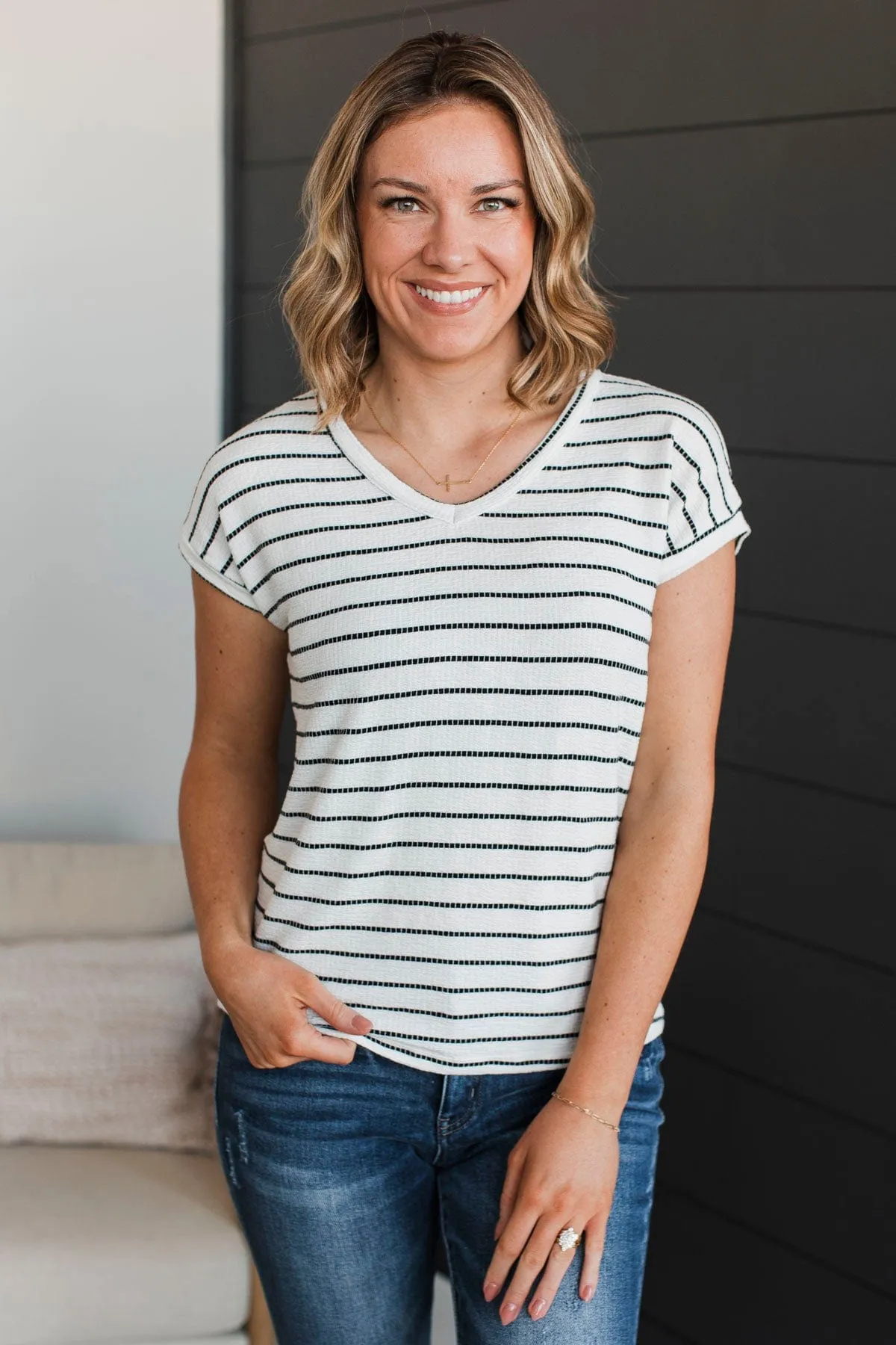 Gives Me Pause Striped V-Neck Top- Ivory