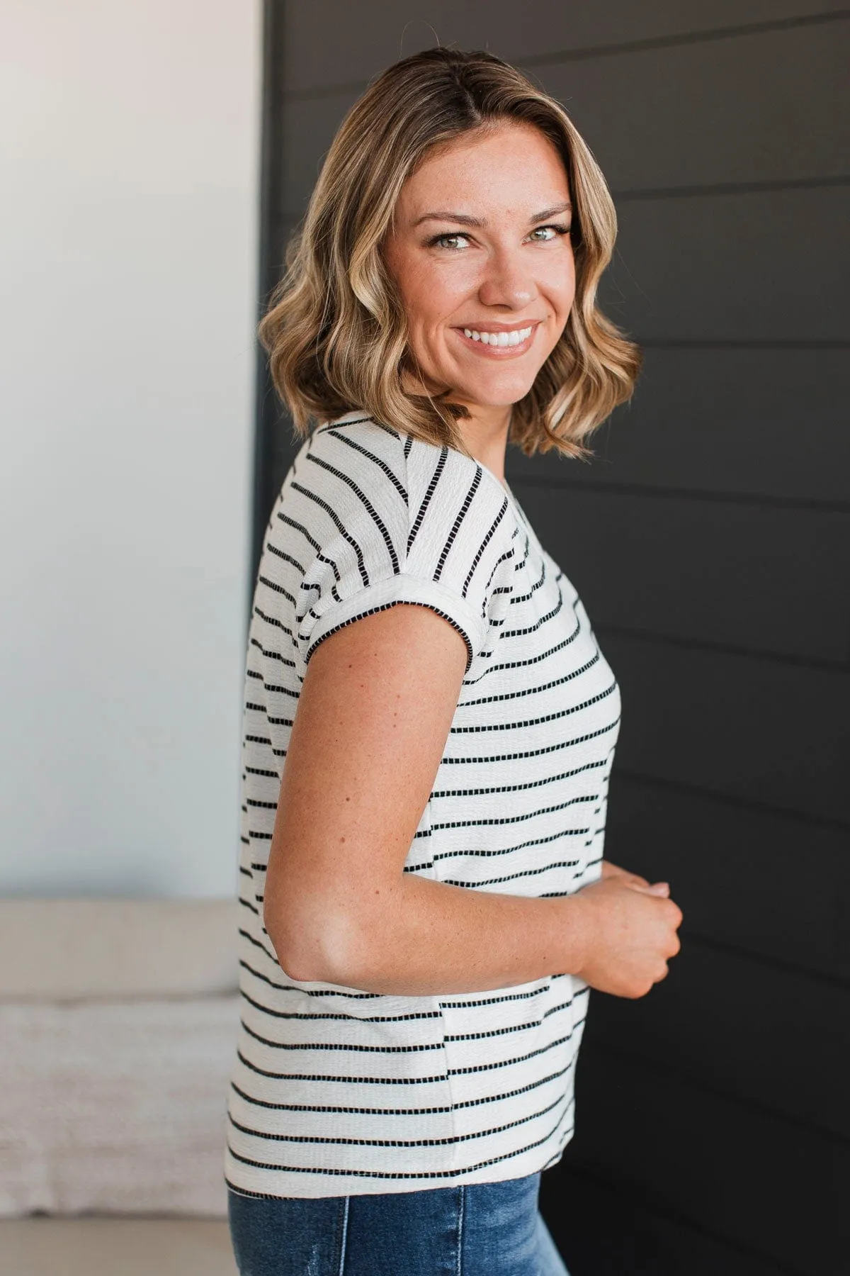 Gives Me Pause Striped V-Neck Top- Ivory