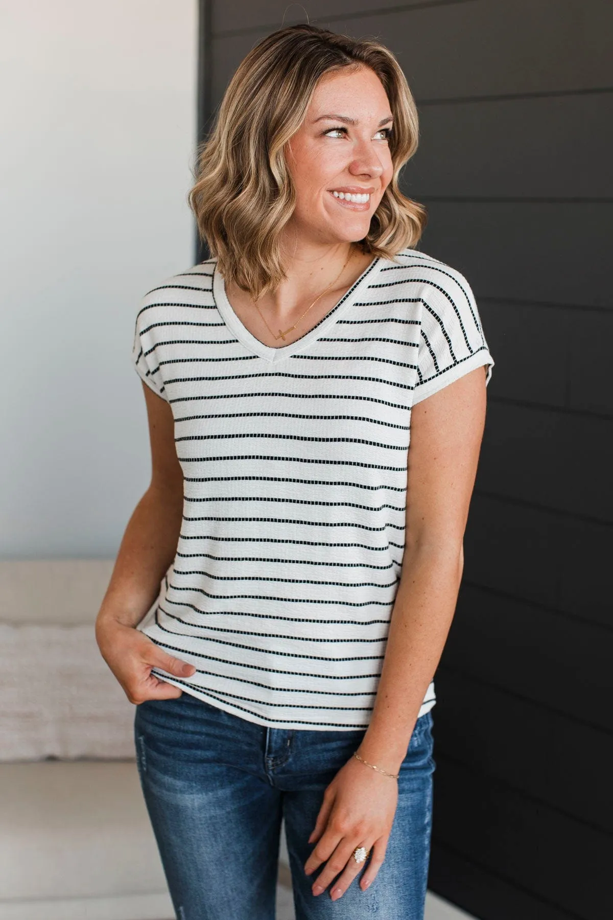 Gives Me Pause Striped V-Neck Top- Ivory