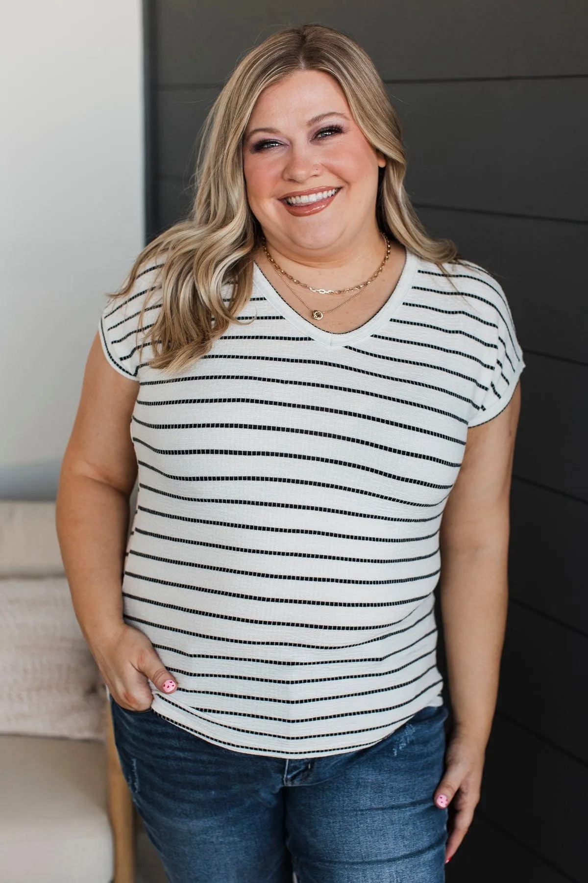 Gives Me Pause Striped V-Neck Top- Ivory