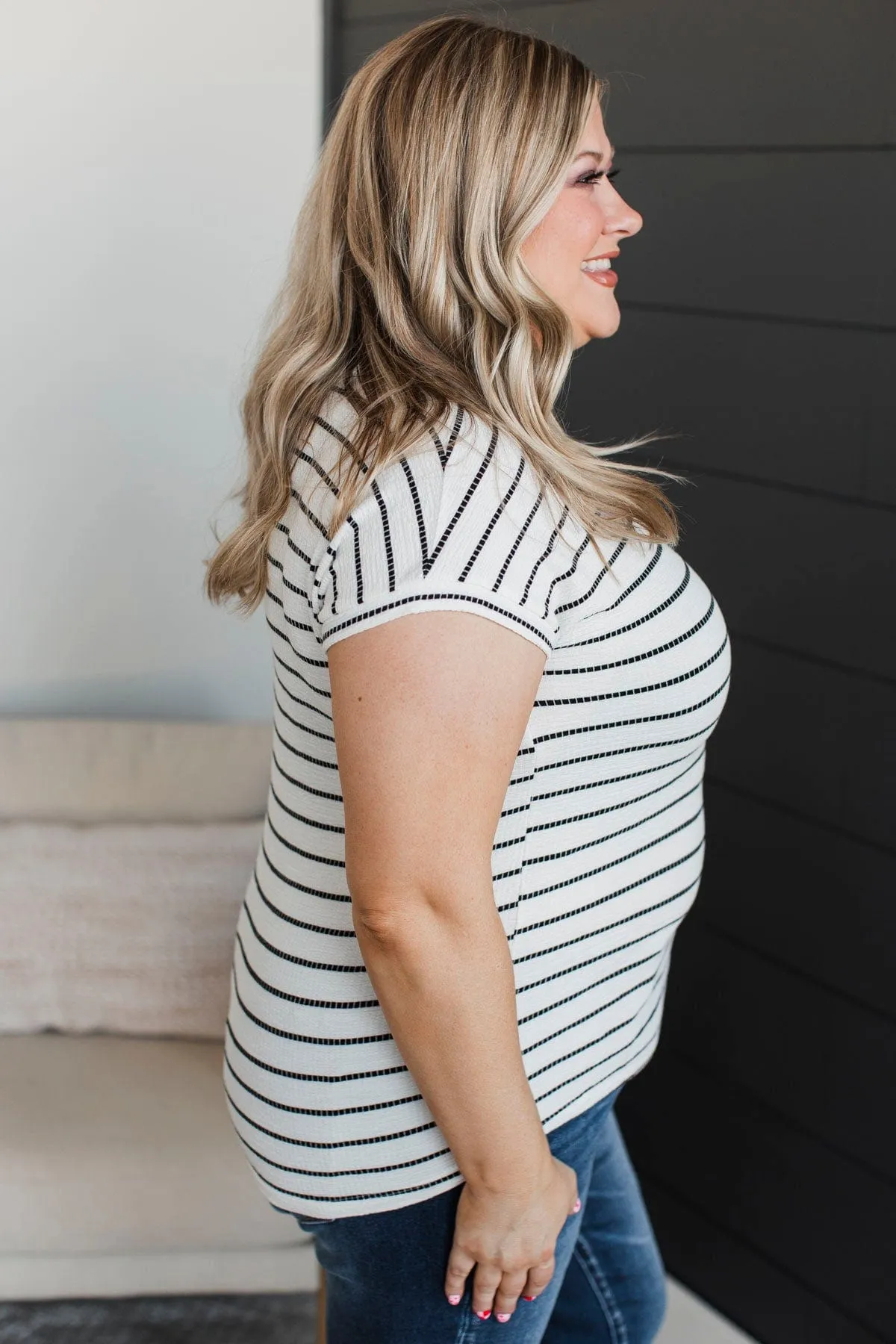 Gives Me Pause Striped V-Neck Top- Ivory