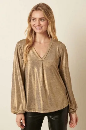 Gold Sparkle Foil V Neck Blouse