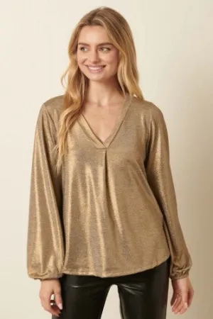 Gold Sparkle Foil V Neck Blouse