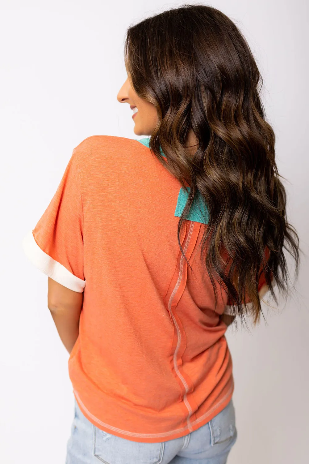 Grapefruit Orange Color Block V Neck Short Sleeve Top
