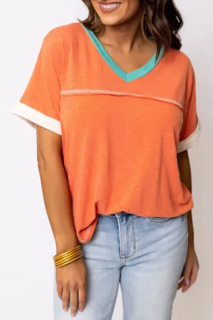 Grapefruit Orange Color Block V Neck Short Sleeve Top
