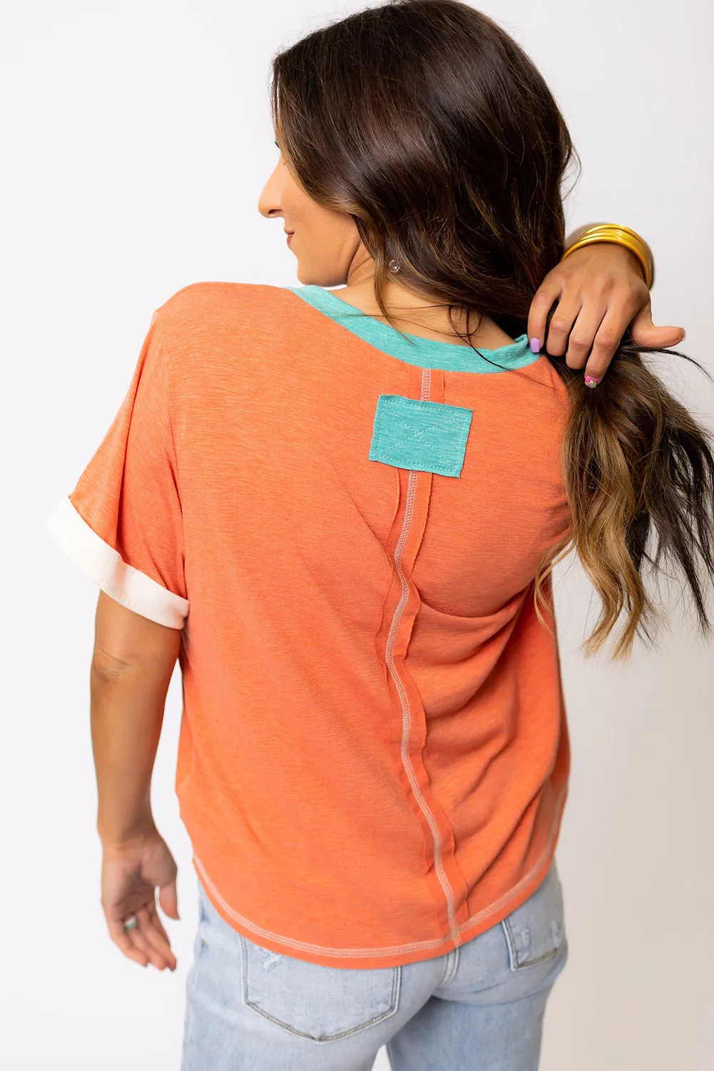 Grapefruit Orange Color Block V Neck Short Sleeve Top