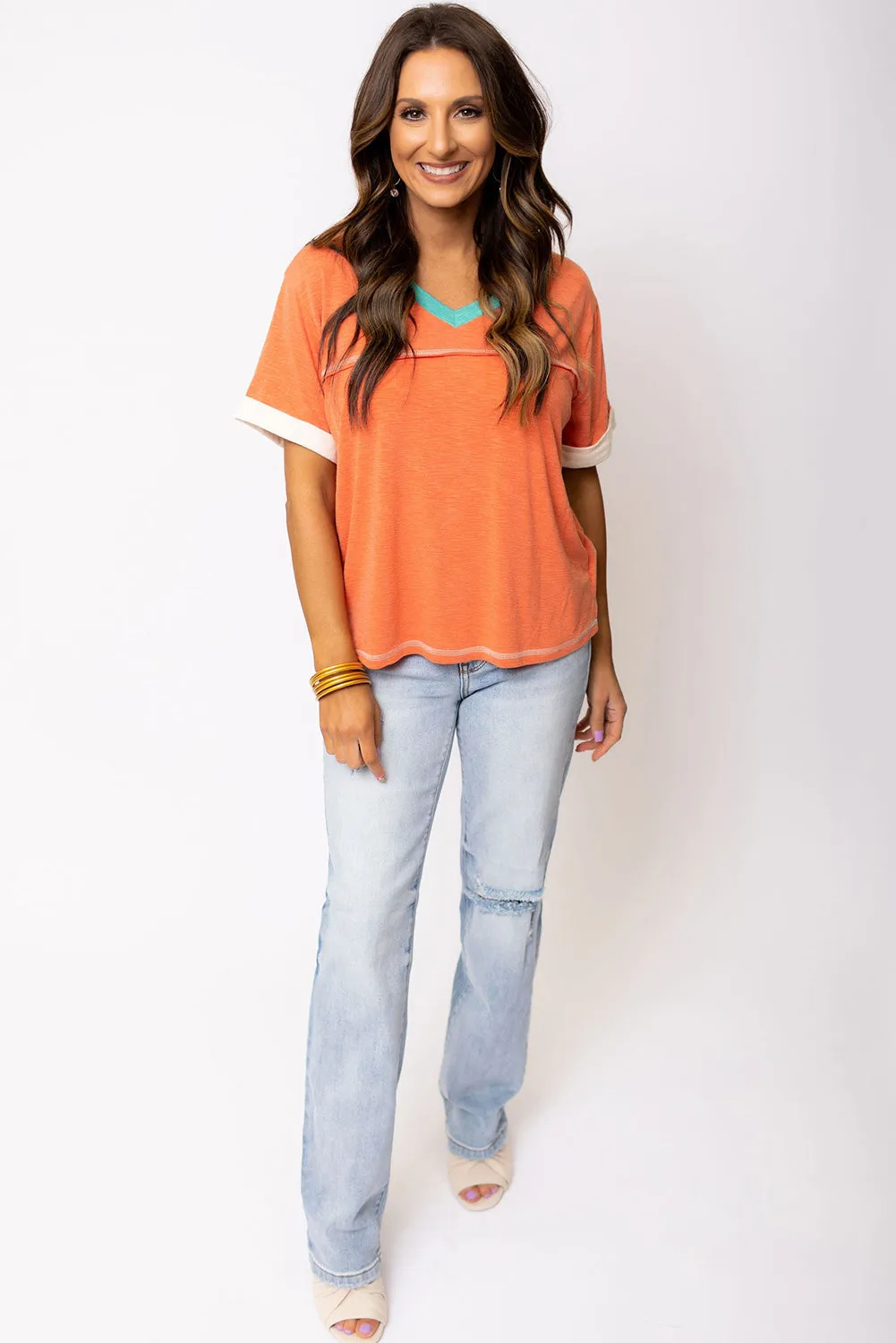 Grapefruit Orange Color Block V Neck Short Sleeve Top