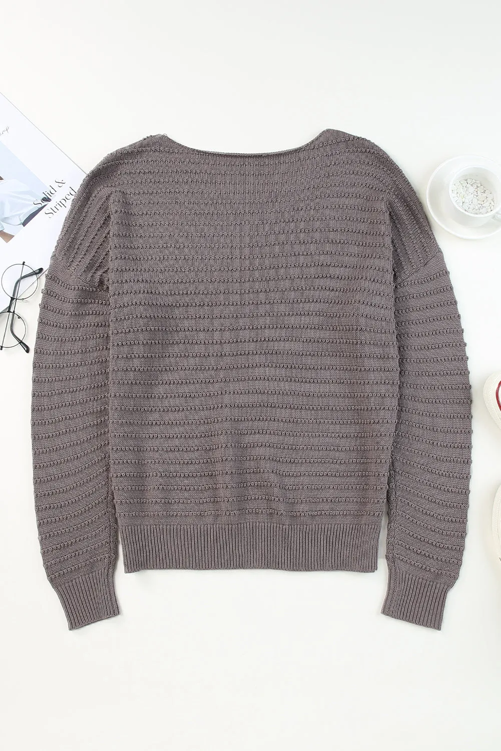 Gray Textured Knit Round Neck Dolman Sleeve Sweater