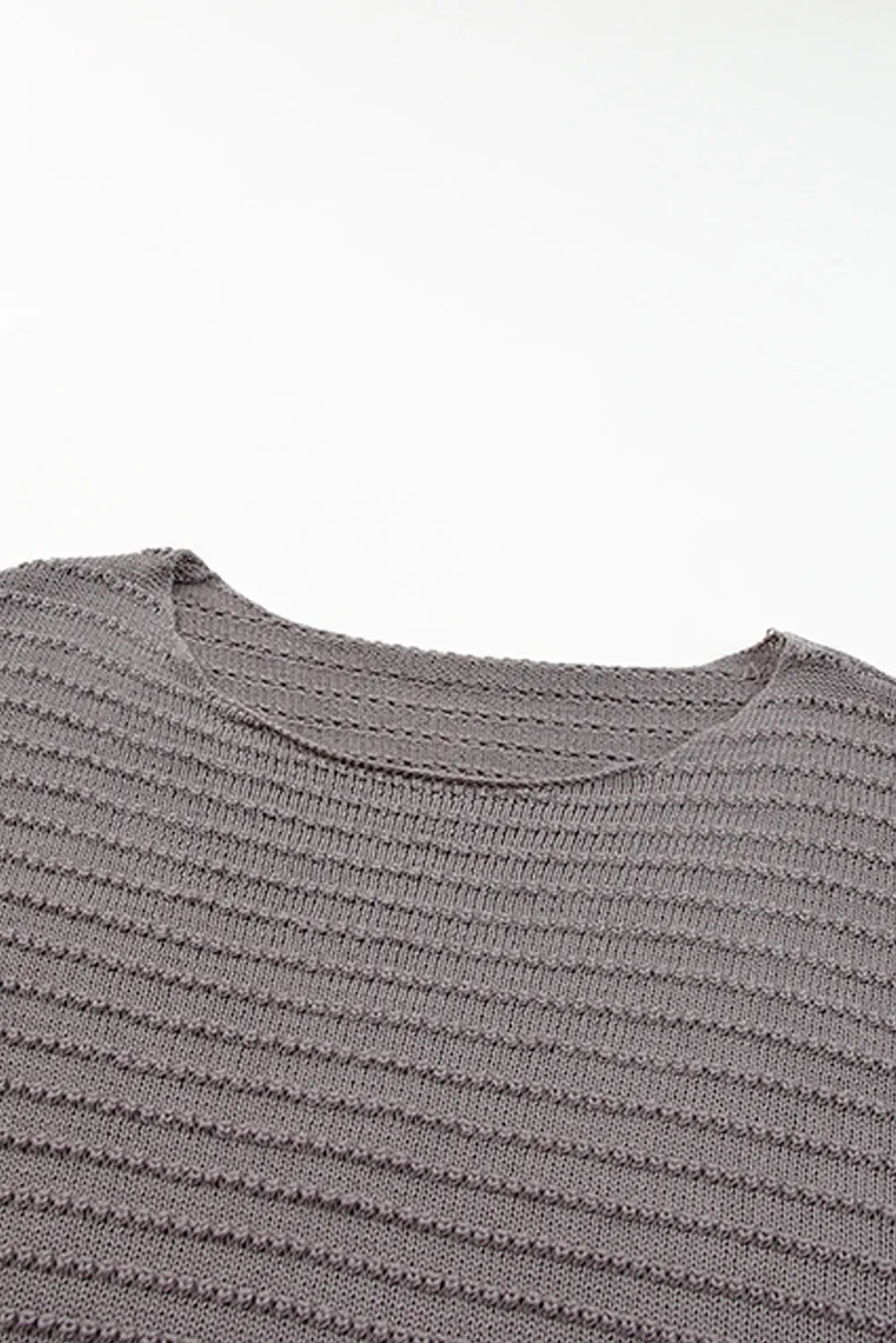 Gray Textured Knit Round Neck Dolman Sleeve Sweater