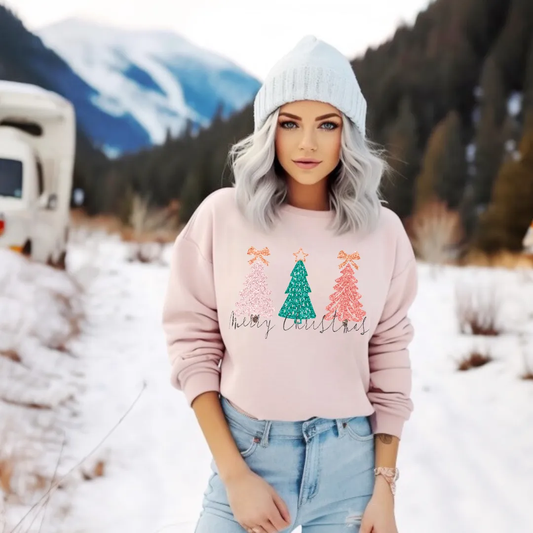 Hazel Blues® |  Christmas Trees Faux Glitter Graphic Sweatshirt