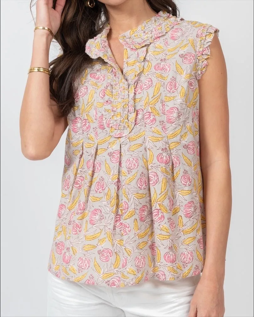 Hi Neck Ruffles Have Ridges Slvless Pleated Accent Top