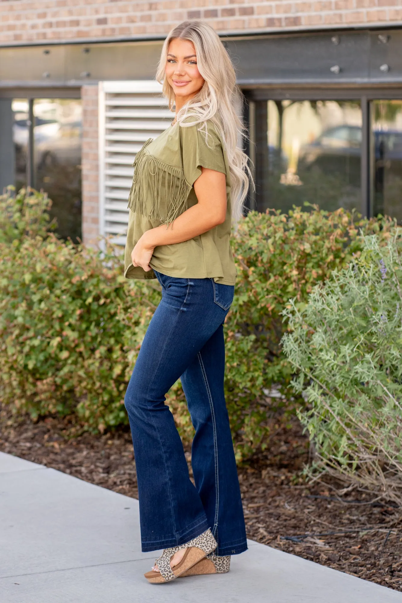 Isabella Fringe Tee - Olive