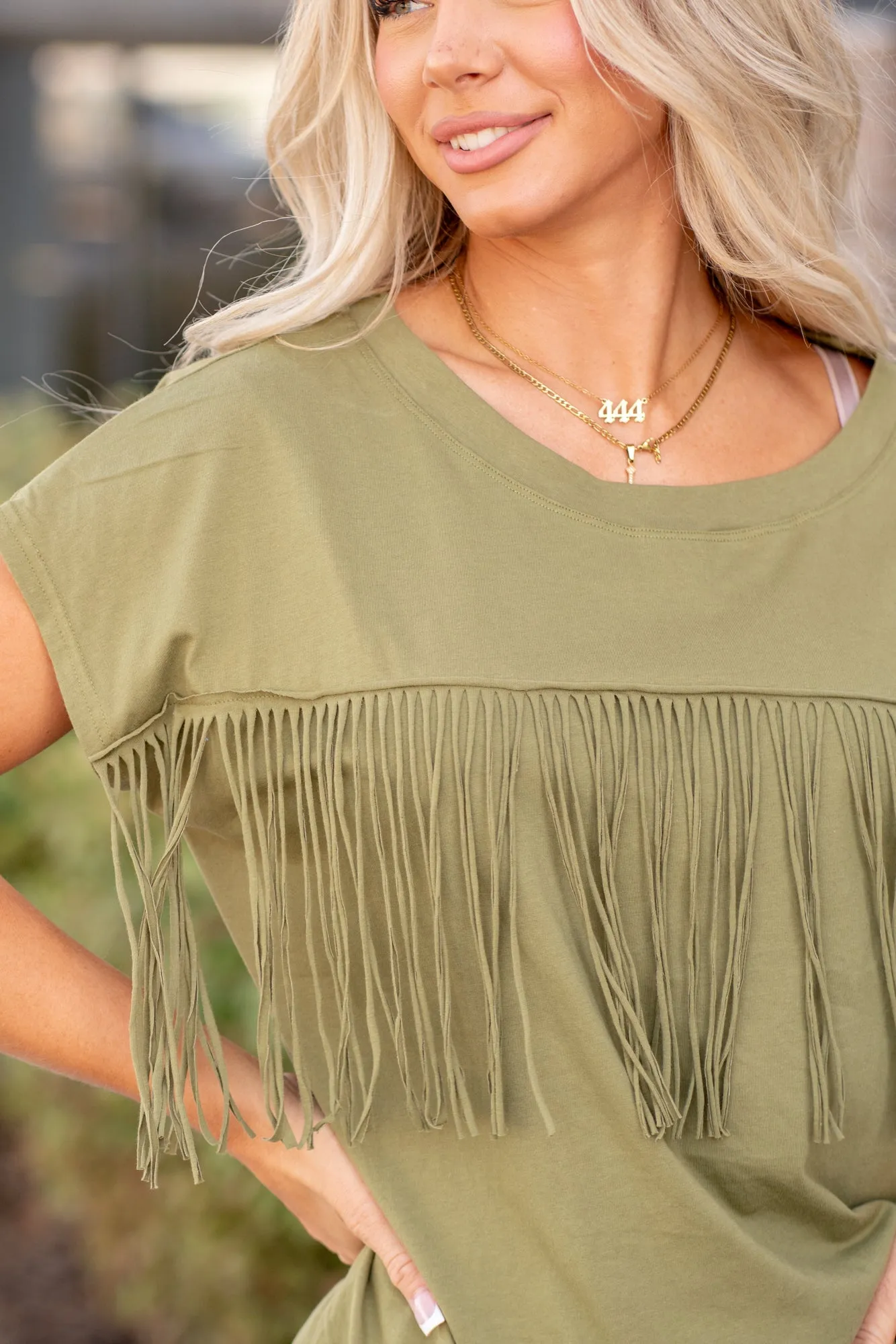 Isabella Fringe Tee - Olive