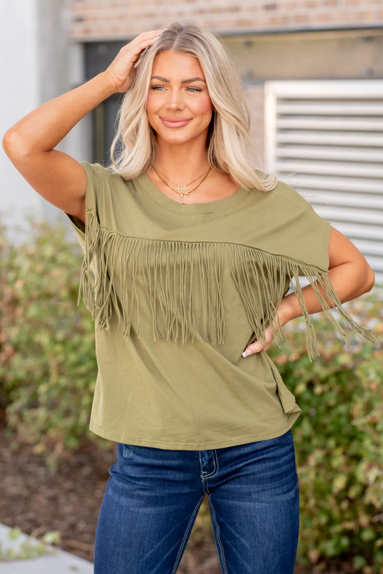 Isabella Fringe Tee - Olive