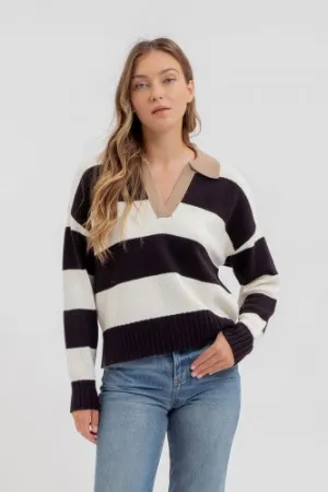Ivory Wide Stripe Collared V Neck Sweater